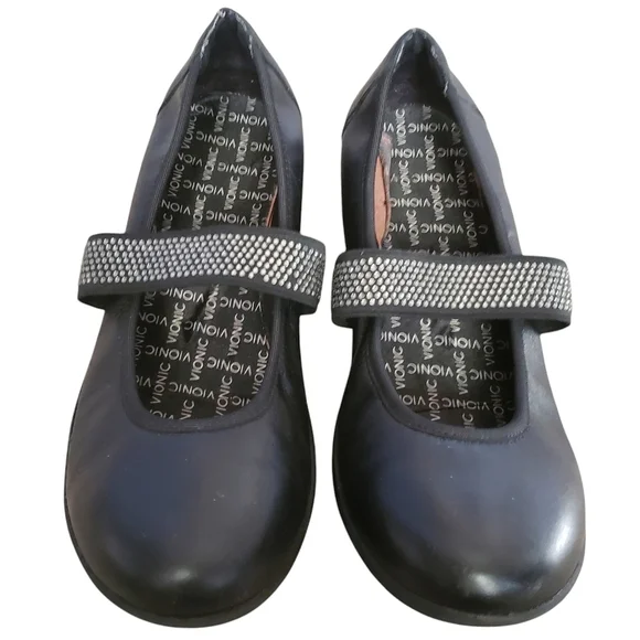 Vionic Ballet Shoes Black 7.5 Leather Mary Jane Flat Comfort Embellished Loafer - Picture 3 of 16